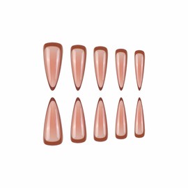 MERVF Long Stiletto Press on Nails Brown French Tip Aura Gradient Fake Nail Solid Color Almond Glue ons Fall Autumn Acrylic Manicure Glossy 24pcs