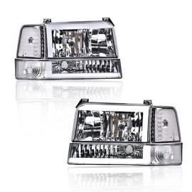PIT66 LED BAR Headlight Aassembly, Compatible with 1992-1996 Ford F150/F250/F350 Bronco Headlamps w/Corner Signal Bumper Lamps Clear Lens Chrome Housing Clear Reflector