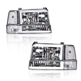 PIT66 LED BAR Headlight Aassembly, Compatible with 1992-1996 Ford F150/F250/F350 Bronco Headlamps w/Corner Signal Bumper Lamps Clear Lens Chrome Housing Clear Reflector