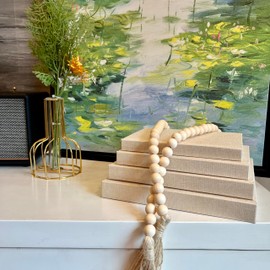 Linen Covered Decorative Books 4 Pieces, Neutral Home Decor Coffee Table Books with Wooden Beaded Tassel, Stacked Books for Rustic Farmhouse Modern, Boho, Bookshelf, Fireplace Mantel Décor, Beige