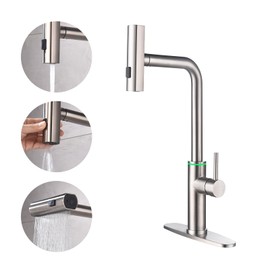 Kitchen Faucet with Pull Down Sprayer, Brushed Nickel Waterfall Single Hole Kitchen Faucets with LED Light, Stainless Steel Commercial Modern Kitchen Sink Faucet with Pull Down Sprayer for 3 Function
