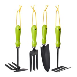 Relaxdays Garden tool set, 4 pieces, flower trowel, small rake, double hoe, flower fork, garden tools set, iron, green