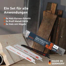 PRESCH Reciprocating Saw Blades Set Wood, Metal and Stainless Steel 15 Pieces, Complete Reciprocating Saw Blades Set for Every Application, Universal Shaft Reciprocating Saw Blades Set Including Box