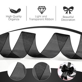 Black Ribbon Gift Wrapping 1 Inch 50 Yards Sheer Ribbon for Flower Bouque Ribbons for Crafts Tulle Ribbon for Hair Thin Ribbon Organza Wired Ribbon for Party Decorations DIY Wedding Graduation