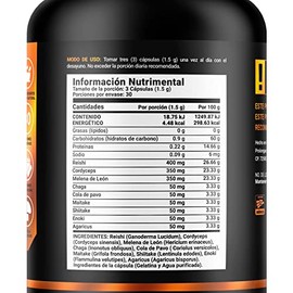 Mezcla de Hongos Adaptogenos. 90 Cápsulas con 1500 mg por porción. Melena de León, Reishi, Cordyceps, Chaga, Cola de Pavo. Ingredientes naturales. Mus