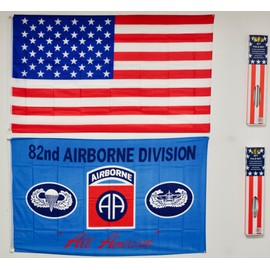 3x5 U.S 82nd Airborne Division All American & USA Flag W POLES Super Polyester Nylon Flag 3'x5' House Banner Grommets Double Stitched Premium Quality Indoor Outdoor Pole Pennant