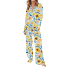SHESHOW Silk Pajamas for Women Set Button Up 2 Piece Pjs Long Sleepwear Sunflower Pjs for Women Set Size XL