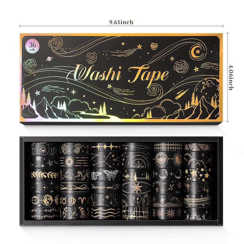icceemee 36 Rolls Glow-in-The-Dark Starry Washi Tape Set with Gold