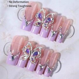 FIEONCIY Press on Nails Long Coffin Shaped Acrylic Glossy Full Cover Long Square French False Nails with Designs Artificial Extra Long Fake Nails with Charms Glue ons Fingernails for Women(S395)