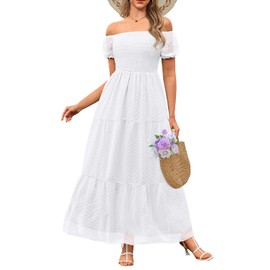 White Dress Summer Spring Graduation Off Shoulder Boho Chiffon Swiss Dot Puff Sleeve Long Flowy Maxi Sun Dresses Women