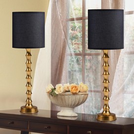 EUO 30.5" Gold Buffet Lamps Set of 2 with Black Shade, Buffet Table Lamps Set of 2 for Living Room, Black Golden Lamp for Dining Room, Golden Bamboo Lamps for Credenza