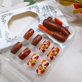 Vopintpy Fall Press on Nails Short Square Maple Leaf Fake Nails Thanksgiving Pumpkin Acrylic Nail with Glitter Design Glossy Autumn Maple Leaves Glue on Nail for Women DIY Manicure