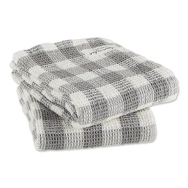 DII Washed Waffle Weave Collection, Dishtowel Set, 18x28, Dove Gray Check, 2 Piece