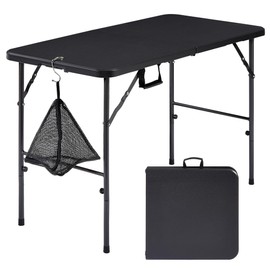 VECELO Folding Table 4 Foot with Mesh Bag, Indoor Outdoor Heavy-Duty Portable w/Handle,Fold-in-Half for Picnic, Party, Camping, Matte Black