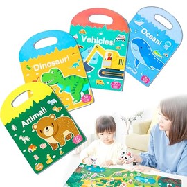 4 Pack Reusable Puffy Sticker Book for Kids 2-4, Reusable Stickers Books for Toddlers 1-3 Boys Girls, 4 Themes Animal Vechicles Dinosaurs Ocean Education Learning Toys for Christmas Birthday Gift