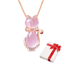 Women's Necklace Pendant Pink with Rhinestones for Teenagers Girls Women, Rose Gold Natural Stone Friendship Necklaces Necklace Engraved Cat, Delicate Pink Fashion Jewellery Gift for Girlfriend