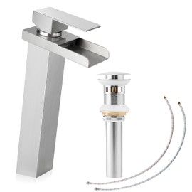 Herogo Bathroom Vessel Sink Faucet, Brushed Nickel Single Handle Tall Waterfall Bathroom Sink Faucet with Pop-up Drain & 2 Supply Lines, 1 Hole Lavatory Sink Bowl Faucet