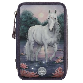 Depesche 12947 Miss Melody - Filled 3-Compartment Pencil Case in Purple, with LED, Water Lilies and Horse Motif, Pencil Case with Colouring Pencils, Ruler, Scissors and much more