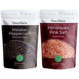 Viva Doria Malabar Whole Black Peppercorns, 12 Oz & Himalayan Pink Salt, Coarse Grain, 2 lb | Mineral Salt & Whole Black Pepper | Combo Pack | Grinder Refill Pack | Refills for Grinders