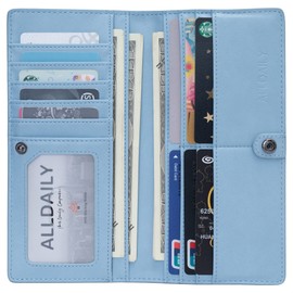 Alldaily Ultra Slim Thin Women Wallet RFID Blocking Credit Card Holder Bifold Long Ladies Billfold (Light Blue)