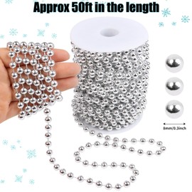 CCINEE 50ft Christmas Tree Beads Garland,Artificial Pearls Beads Garland Trim Garland Roll for Christmas Tree Wedding DIY Holiday Decoration Supplies,Silver