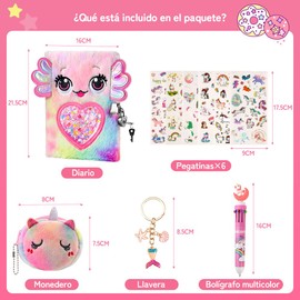 NIERBO Diario para niñas con candado y llaves, diario para niños, cuaderno de viaje escolar,set de regalo para escribir y dibujar,bolígrafo multicolor,pegatinas,monedero,llavero
