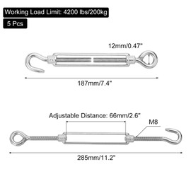 sourcing map M8 M8 Hook and Eye Turnbuckles for Cable Wire Rope Tension, 304 Stainless Steel Turnbuckle Adjustable for Shade Sail String Light Hanging Pack of 5