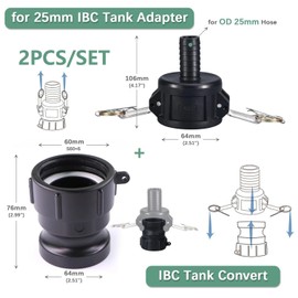 MiJunHD IBC Tank Adapter S60*6 60mm Coarse Thread Cam Lock Coupling & 1inch/25mm Hose Barb Tail Connector for Storage Tanks,IBC Barrel Quick Connect Joint (2Piece/Set)