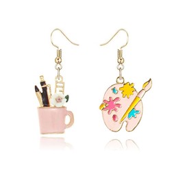 coadipress Artist Paint Palette and Paint Brush Earrings for Women Unique Colorful Enamel Painter Artist Dangle Drop Art Paint Pallet Pendant Earrings Jewelry Gifts (Pink Palette Brush pot)