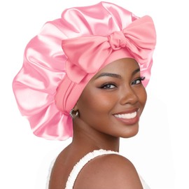 Weardear 1 Piece Satin Bonnet Silk Hood for Sleeping Breathable Night Sleep Cap Hair Cap Satin Cap Light Pink Large