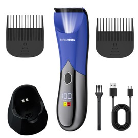BarberBoss Rifinitore per uomo per corpo e zone intime, tagliacapelli blu ricaricabile per peli pubici con velocità turbo, USB-C, display LED e design impermeabile