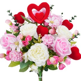 MHMJON Artificial Flowers Valentine's Day Decor Fake Silk Rose Bouquets Pink Faux Flowers Spring Floral Arrangements for Home Kitchen Table Vase Wedding Party Valentine's Day Decorations