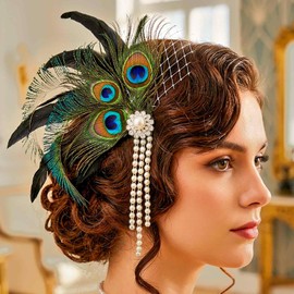 Yokawe Peacock Fascinator 1920s Hair Clip Black with Pearls Gatsby Headpiece Flapper hair accessories for Women