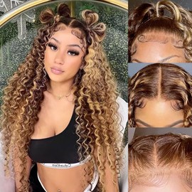 Ladoux Ombre Lace Front Wig Human Hair 13x4 HD Transparent Deep Wave for Women 180% Density 4/27 Honey Blonde Colored Highlight Curly Glueless Wigs 24Inch Pre Plucked with Baby Hair