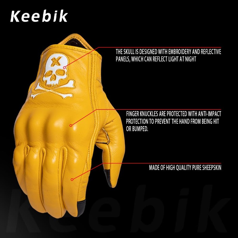 Keebik Goatskin Leather Motorcycle Motorbike Powersports Racing Gloves Reflective Skull