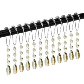Shower Curtain Hooks 304 Stainless Steel Rustproof 12 Pcs Shower Curtain Hangers Acrylic Bathroom Crystal Elegant Style for Bathroom Shower Rods, Champagne