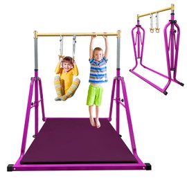 GLANT Foldable & Movable Gymnastics Kip Bar with MAT and Ring Set, 3' to 5' Height Adjustable,Horizontal Bar for Kids Girls Junior,Gym Equipment for Indoor and Home Training- Max Load 300LBS