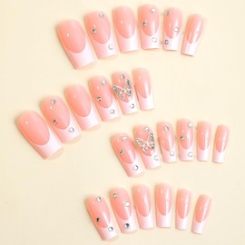 IDEER POP French Tip Press On Nails - Long Square Reusable Artificial Nails for Women, Pink Manicure Set with Nail Glue & Tabs, 12 Sizes (24 Pcs) Nails Press Ons Kit | Natural Look & Daily Wear