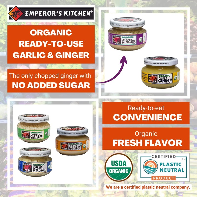 Emperor's Kitchen Organic Chopped Ginger 4.5 OZ Glass Jar (Pack