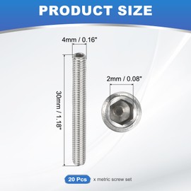 PATIKIL Set of 20 Grub Screws M4 x 30 mm Hexagonal Grub Screw 304 Stainless Steel Hexagon Socket Grub Screws for Holder Door Handles Tap Light Repair