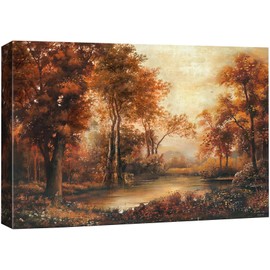 SIGNFORD Canvas Print Wall Art Framed Autumn Landscape Tranquil Forest Scene with River Photography Realism Decorative Landscape Relax/Calm for Living Room, Bedroom, Office - 32"x48"