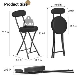 fusehome Cushioned Padded Folding Stool, Tall Portable Folding Bar Stool with Backrest, Collapsible Roud Foldable Chair for Kitchen Island, Shop Cafe, Camping, Fishing (Black, 2 Pack)