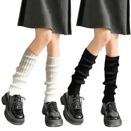 2 Pairs Leg Warmers,Leg Warmers Ladies,Black Knitted Skating Girls Coquette Style Thick Pairs Long Socks Chunky,White Knitted Winter Ankle Knee Japanese Fuzzy Plus Size Style for Ladies Accessories