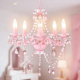 Antique House Small Pink Chandelier for Girls Room 5 Light Pink Acrylic Crystal Chandeliers Small Kids Chandelier for Bedroom