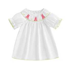 AHUGHAUE Toddler Girl Easter Smocked Dress Puff Short Sleeve Bunny Embroidery Dresses Cute Summer Smocked Outfit (White, 3-6 Months)