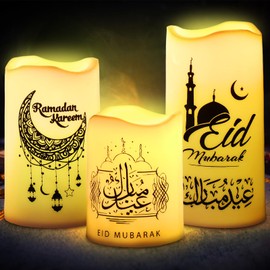 Tujoe 3 Pcs Eid Mubarak Flickering Flameless Candles Ramadan Decor Eid Mubarak Decor LED Battery Operated Candles Candle Ramadan Lights for Muslim Eid Decor Ramadan Decor for Home