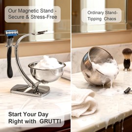 GRUTTI Shaving Bowl and Stand Set with Magnetic Base - 304 Steel Bowl & Chrome-Plated Alloy Stand, All-in-One Storage, Fits Most Razors & Brushes (Bowl & Stand Only)