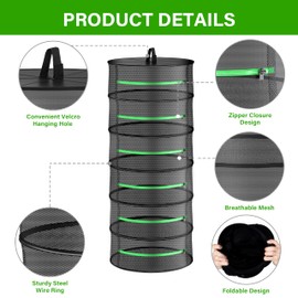 YSSOA Herb Drying Rack Hanging 6 Layer 24'' with Zipper & Hook, Dry Mesh Folding Basket Dryer for Plants, Herbs, Seeds and Buds in Grow Tent, Closet, Hydroponics, Garden Outdoor
