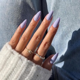 SXVME 48 Pcs Lilac False Nails Almond Medium Length, Acrylic Press on Nails Stiletto, Solid Color Glossy Gel Full Cover Fake Nails for Women Finger Decoration