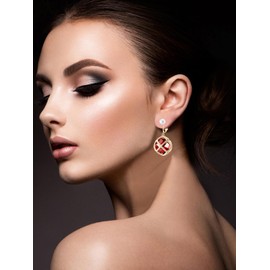 arete colgantes de vidrio austriaco de 14 mm con clip para mujer, joyería de disfraces, 35*17.8mm, Oro rosa, Zafiro sintético